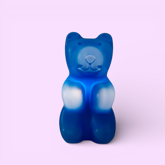 Lampka Messow gummy bear z Niemiec włączona – niebieski pop art design z lat 80.