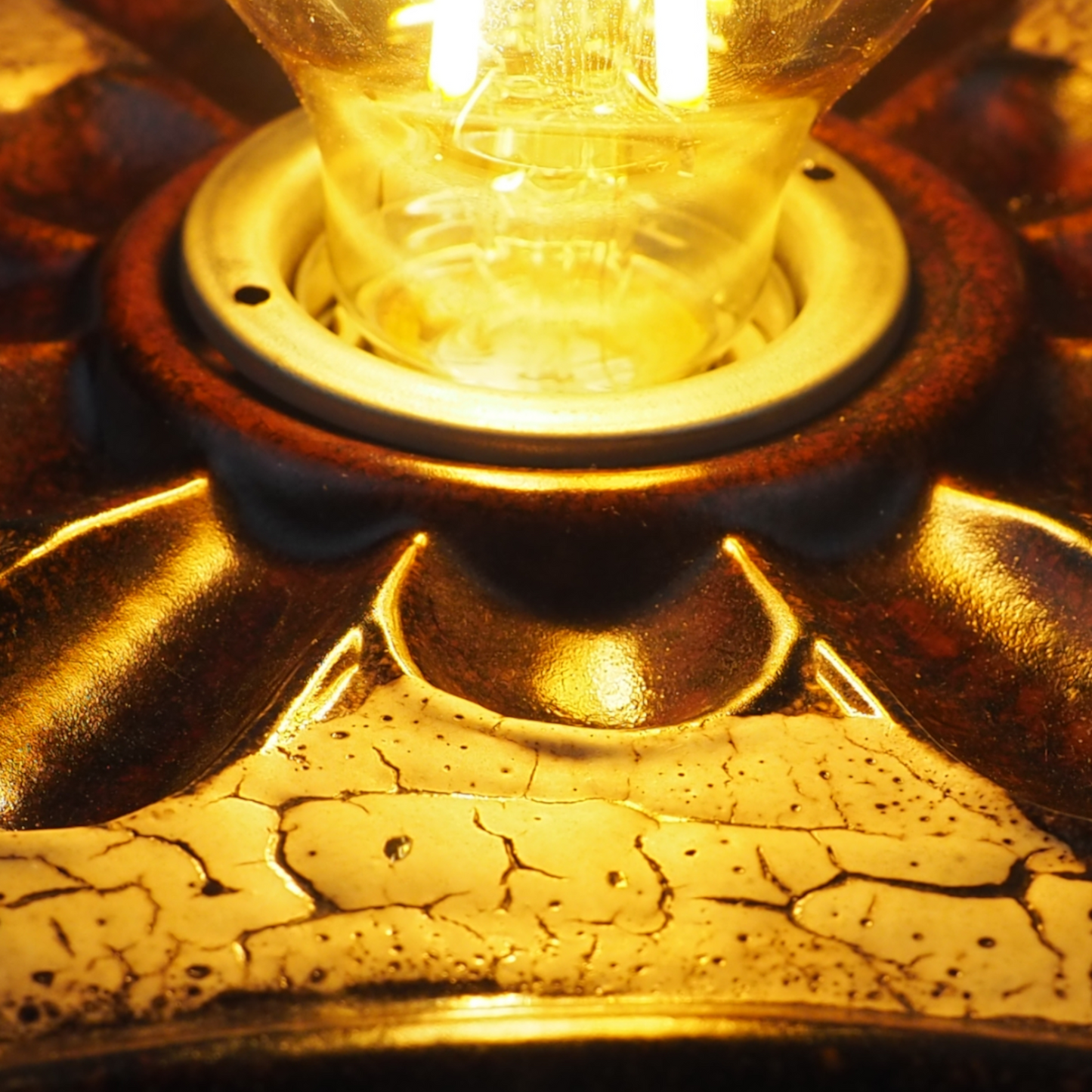 Zbliżenie podświetlonej żarówki w kinkiecie Pan Leuchten, bursztynowe światło