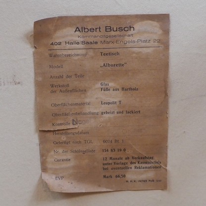 Oryginalna etykieta Albert Busch dla stolika Alburette z lat 60