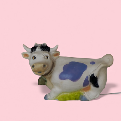 Lampka nocna Heico krowa z lat 80., biało-niebieskie łaty i dzwonek, widok z boku