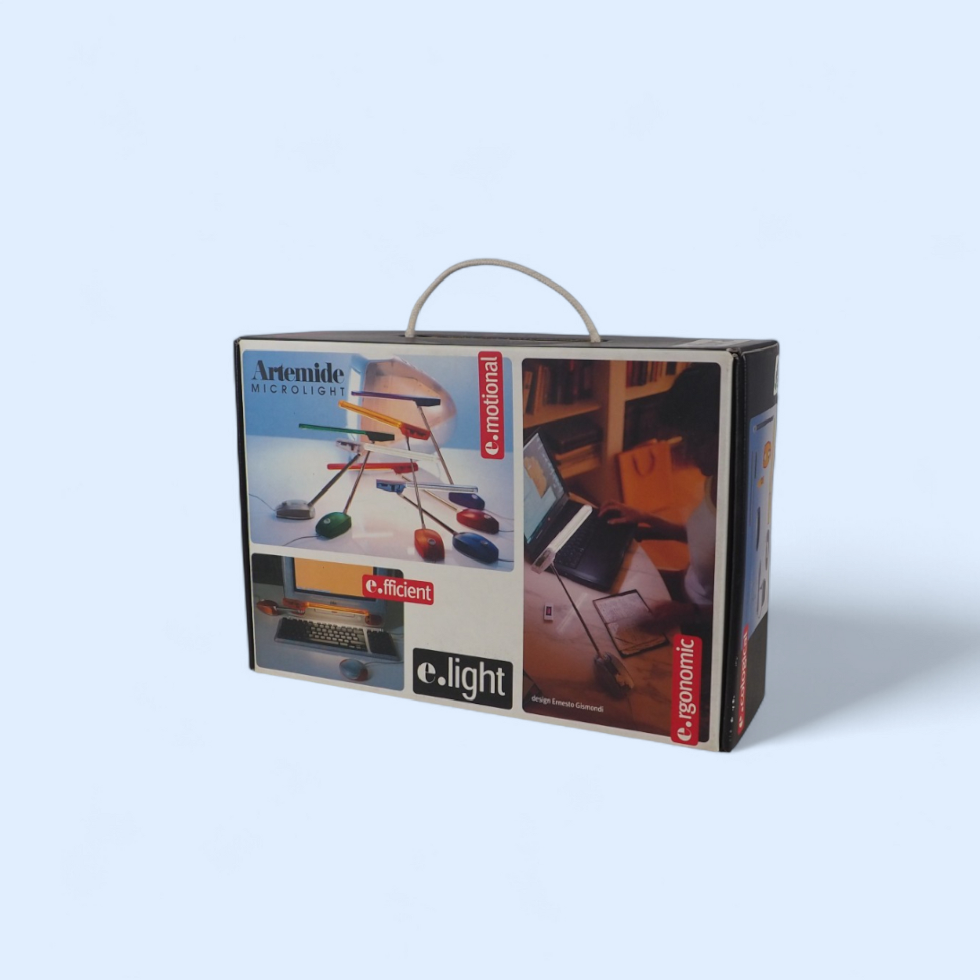 Oryginalne opakowanie Artemide Microlight z przodu, niebieska lampka lata 90