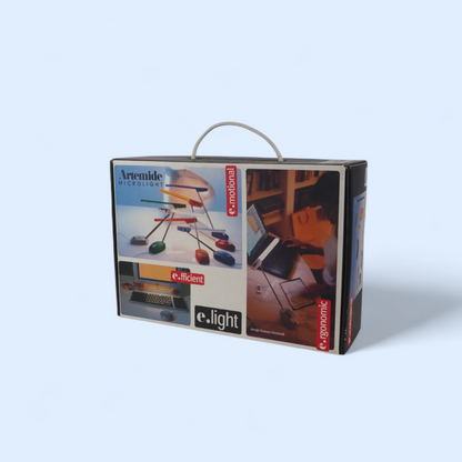 Oryginalne opakowanie Artemide Microlight z przodu, niebieska lampka lata 90