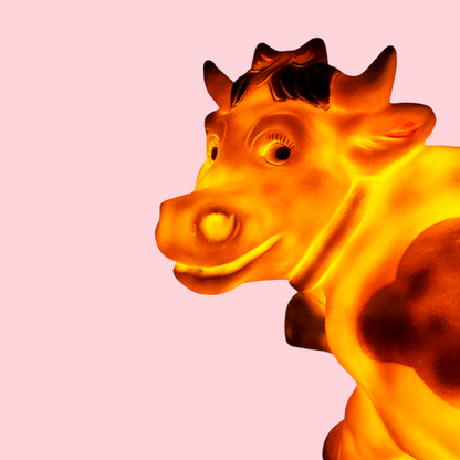 Klimatyczna lampka Heico krowa podświetlona, zbliżenie na głowę z dużymi oczami i dzwonkiem